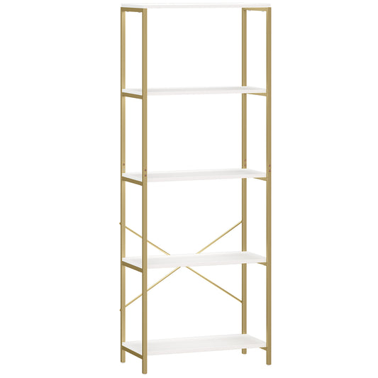 5-Tier Bookshelf, Modern Bookcase with Metal Frame - White and Gold Tone