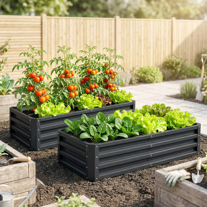 Set of 2 Raised Beds for Garden, Galvanised Outdoor Planters for Herbs Vegetables, Use for Patio Balcony, Grey