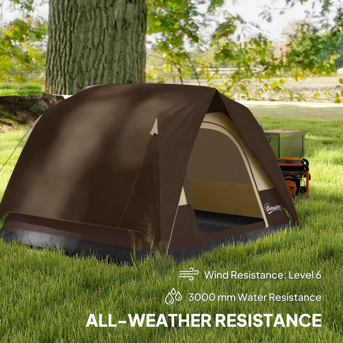 3-4 Person Camping Tent, Easy Set Up 3-4 Man Tent w/ Sewn-in Groundsheet, Waterproof Dome Tent w/ Mesh Windows, Brown