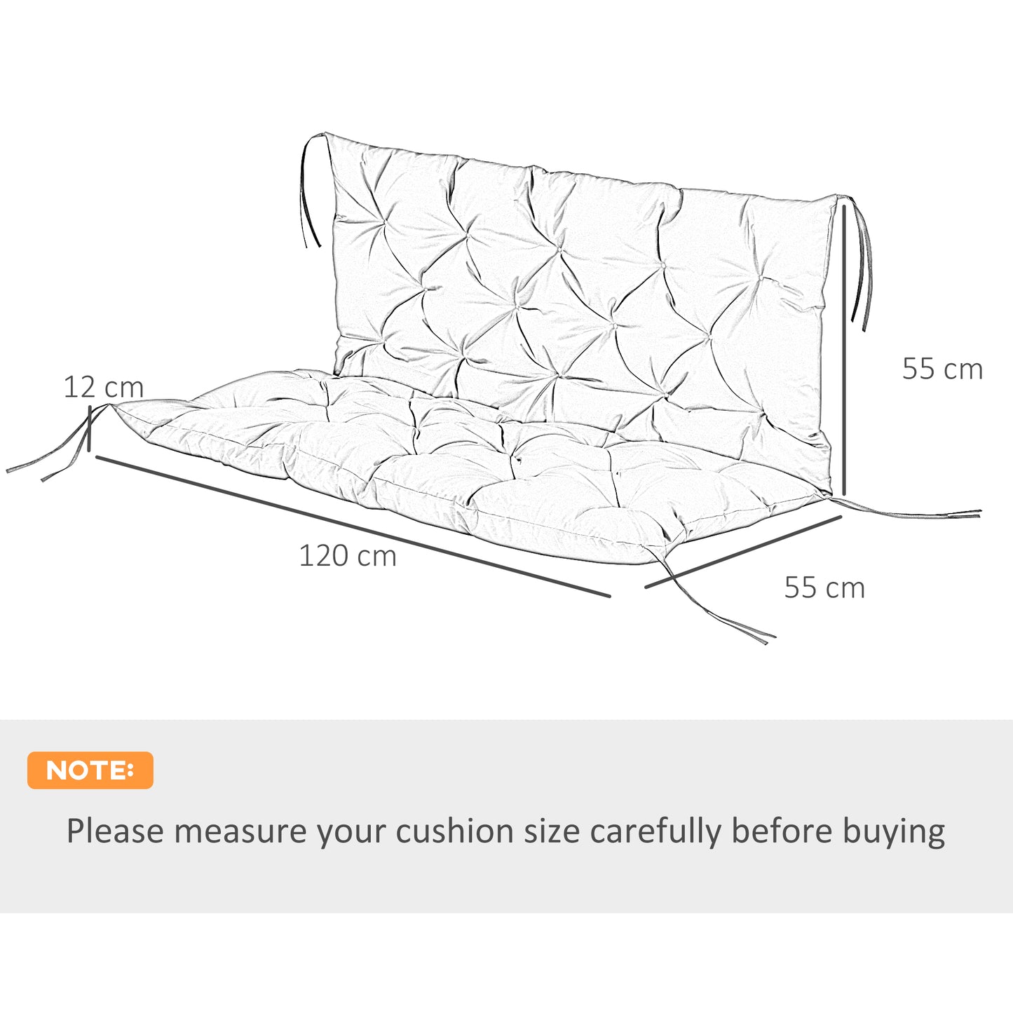 Garden Bench Cushion, 2 Seater Swing Chair Cushion, Seat Pad with Ties for Indoor and Outdoor Use, 120 x 110 x 12 cm