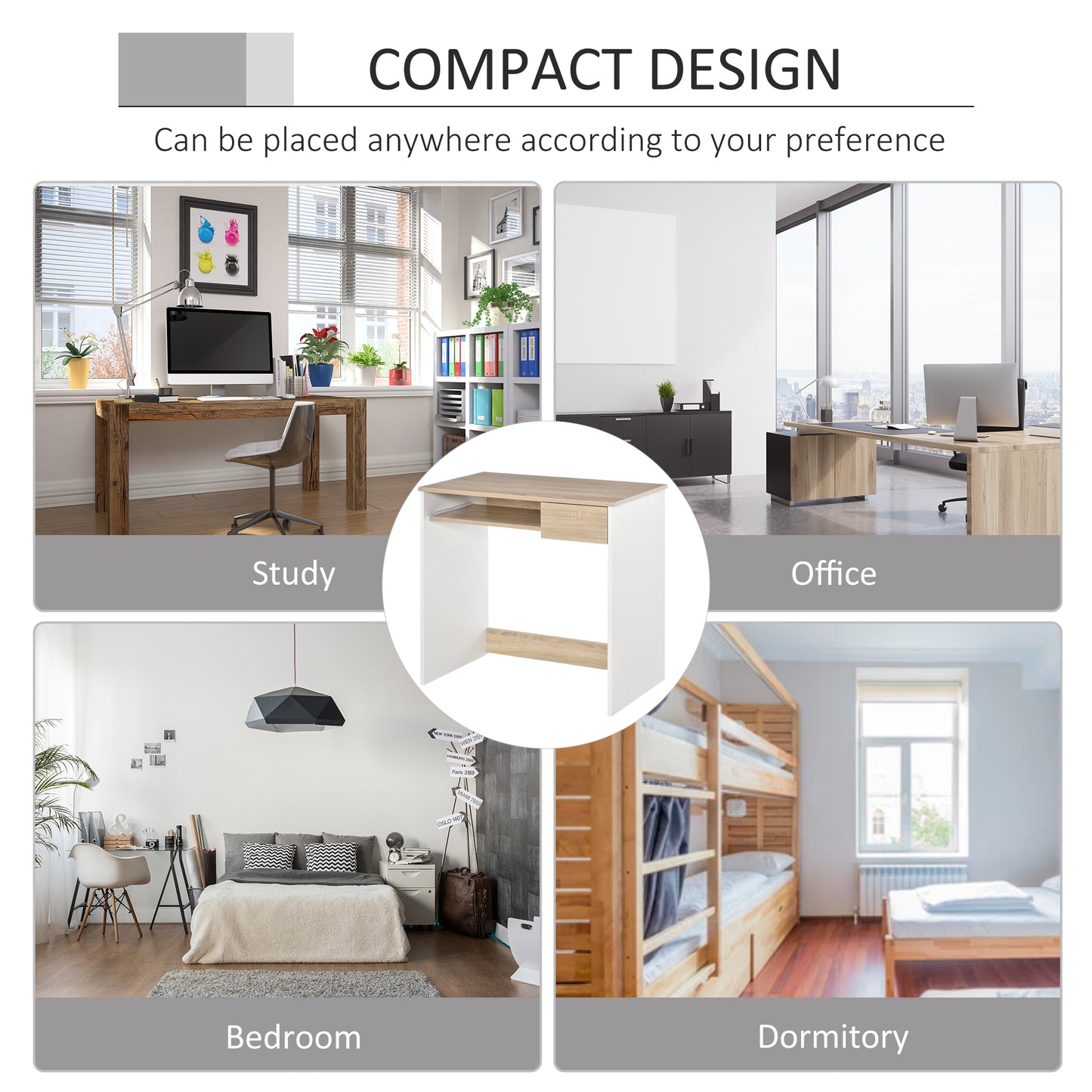 80cm Compact Computer Desk with Keyboard Tray, Home Office Desk with Drawer for Bedroom Study, Oak