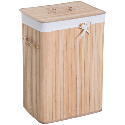70L Collapsible Bamboo Laundry Hamper Organizer Clothes Washing Basket Bin Storage Box w/ Lid Removable Lining 40x30x60cm