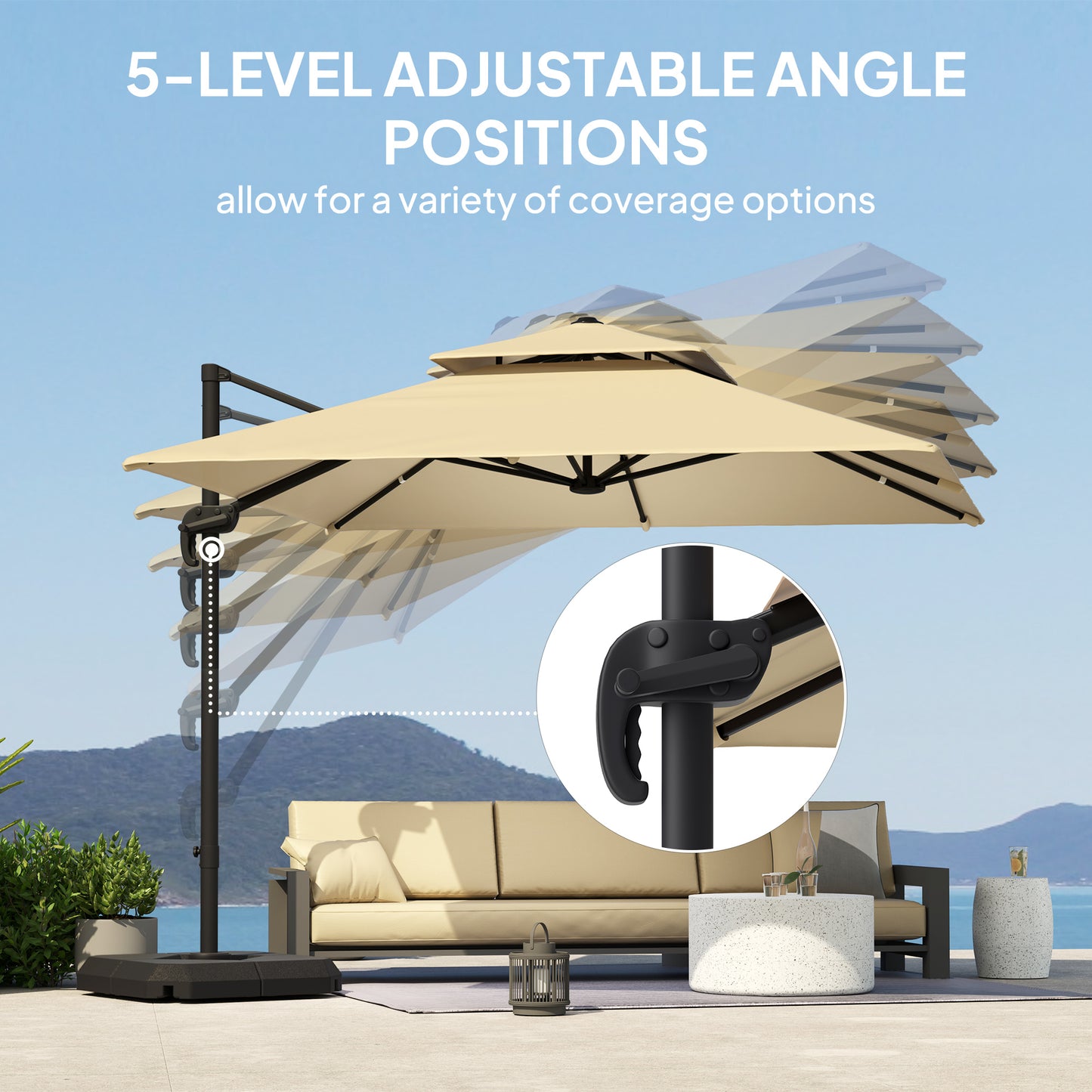 2.7 x 2.7 m Cantilever Parasol with Aluminium Frame, Crank and Tilt, 360-Degree Rotation, Double Top Garden Umbrella