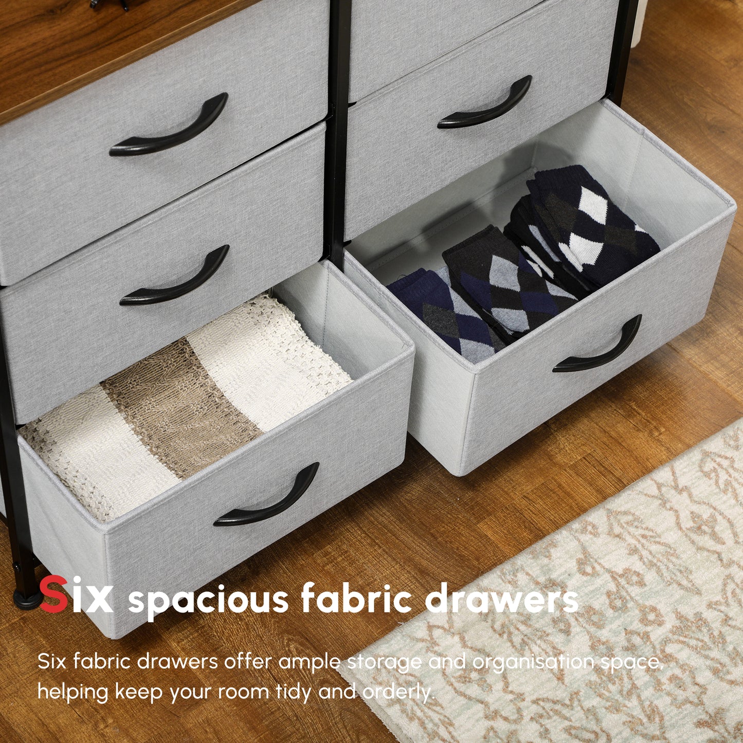 Fabric Chest of Drawers, Storage Drawers, Industrial Bedroom Dresser with 6 Fabric Drawers