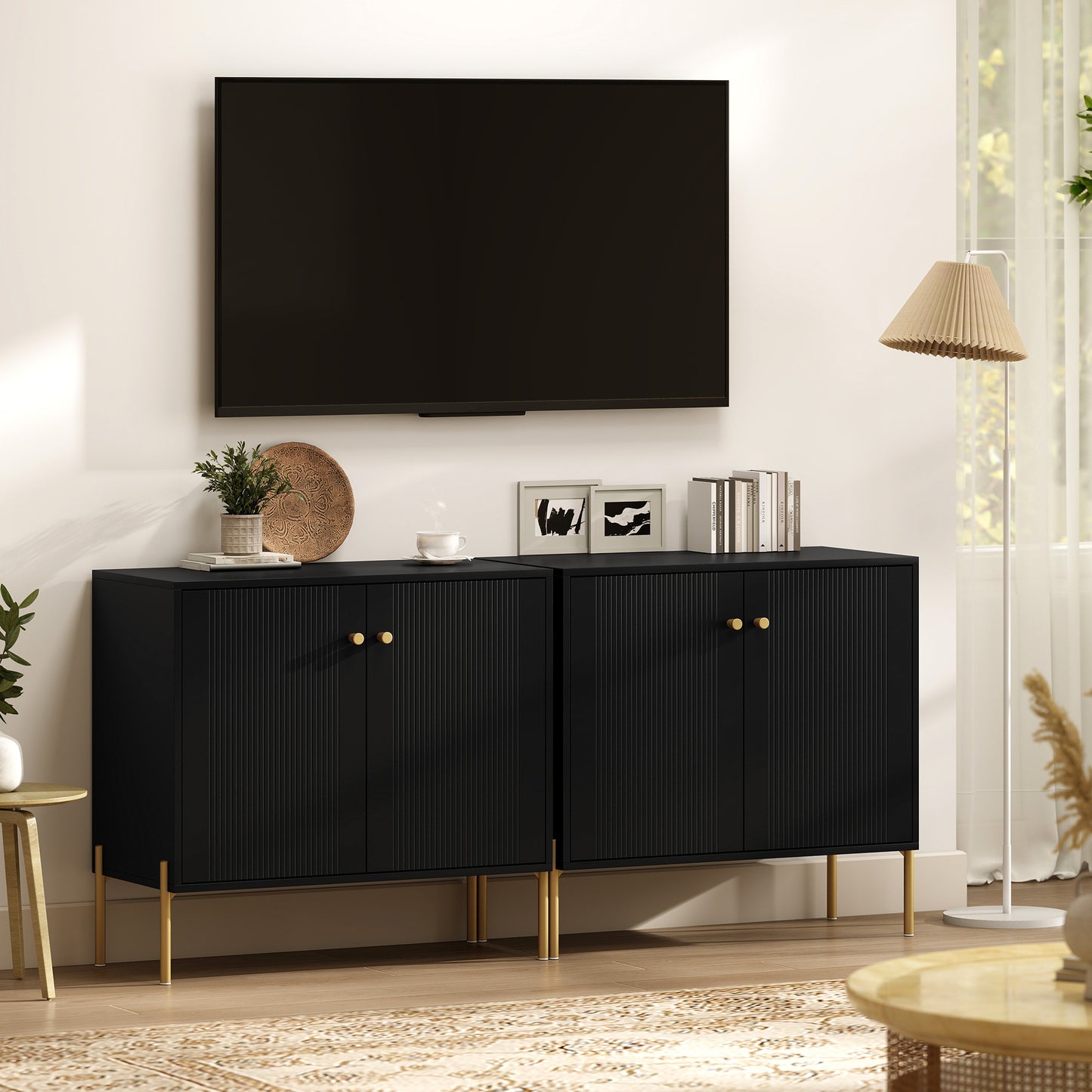 Sideboard Buffet Cabinet, Coffee Bar Cabinet with Fluted Doors and Adjustable Shelf, Black
