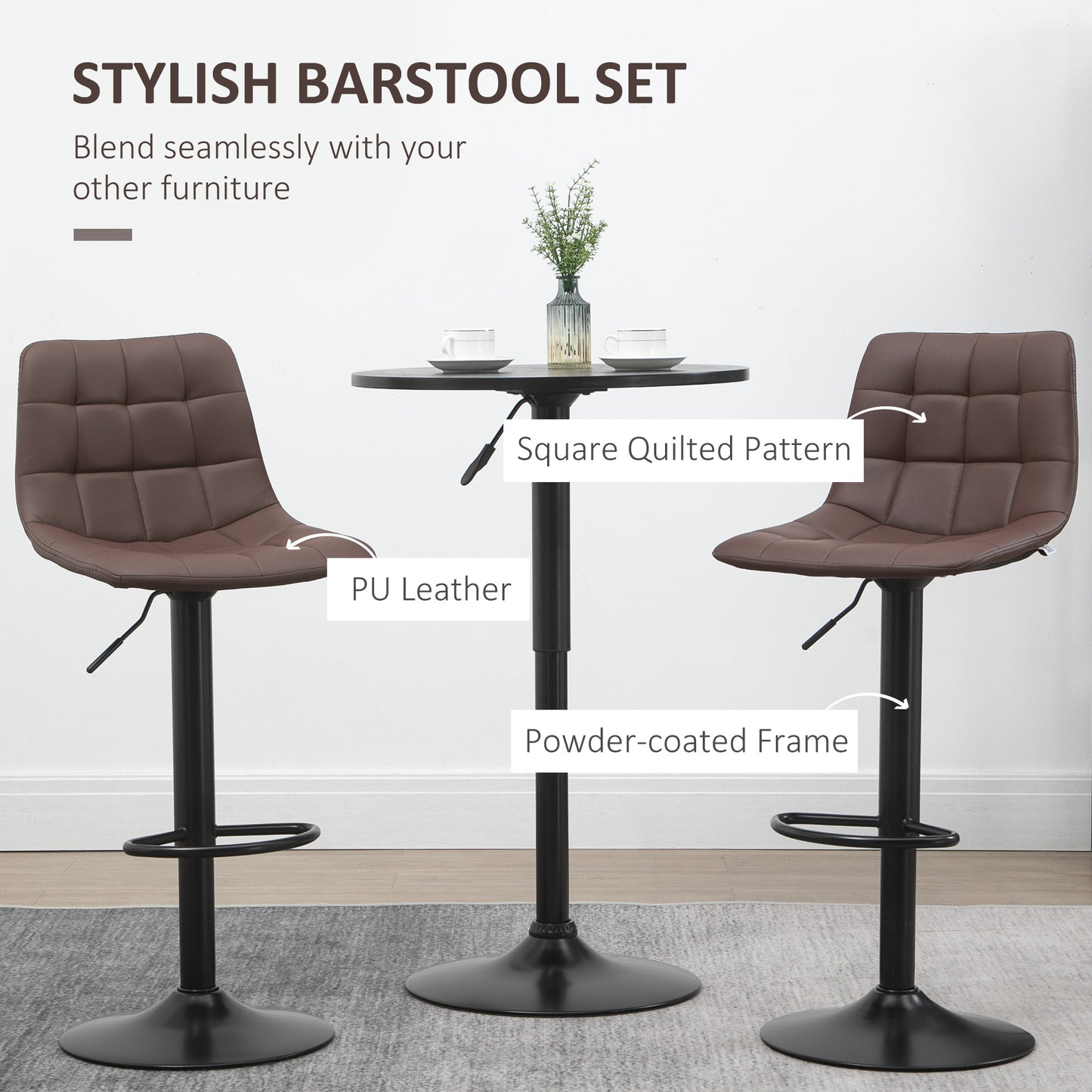 Adjustable Bar Stools Set of 2, Swivel PU Leather Upholstered Barstools with Tufted Seat and Back