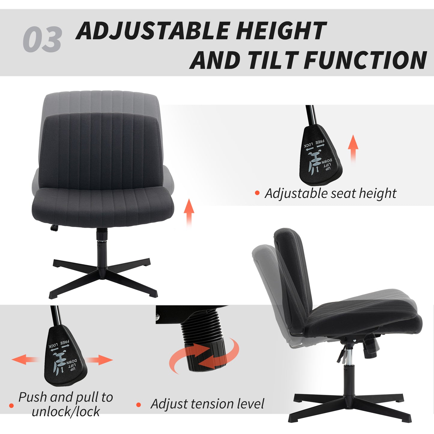 Armless Office Chair No Wheels, Linen Fabric Criss Cross Legged Desk Chair with Wide Seat, Thick Padding, Tilt Function
