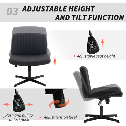 Armless Office Chair No Wheels, Linen Fabric Criss Cross Legged Desk Chair with Wide Seat, Thick Padding, Tilt Function