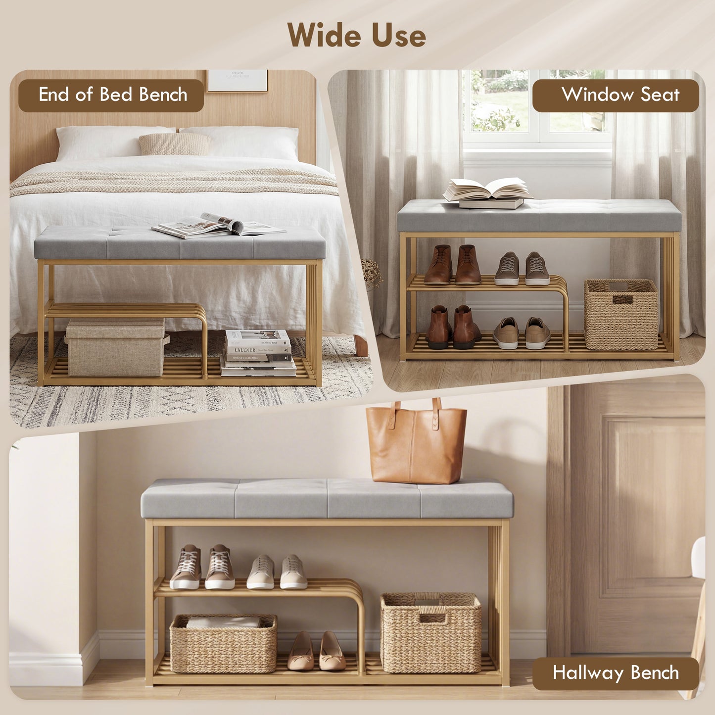 Bench and Shoe Storage, Tufted Shoe Storage Bench with Velvet Seat Cushion Gold Steel Frame for Entryway, Grey