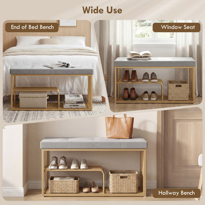 Bench and Shoe Storage, Tufted Shoe Storage Bench with Velvet Seat Cushion Gold Steel Frame for Entryway, Grey