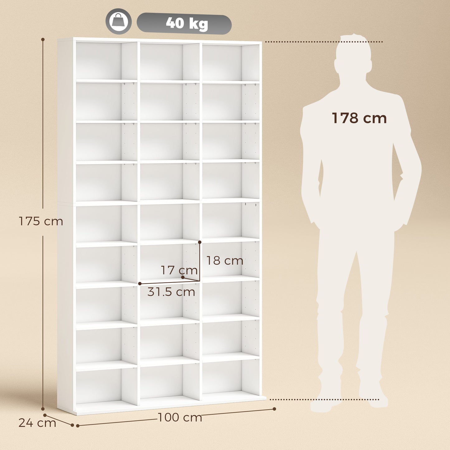 835 CD/500 DVD Storage Unit, Blu-ray Media Storage Shelf with 27 Compartments and 21 Adjustable Shelves, White