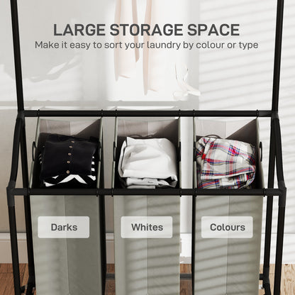 3x 42L Laundry Basket Unit, with Hanging Rail - Black/Grey