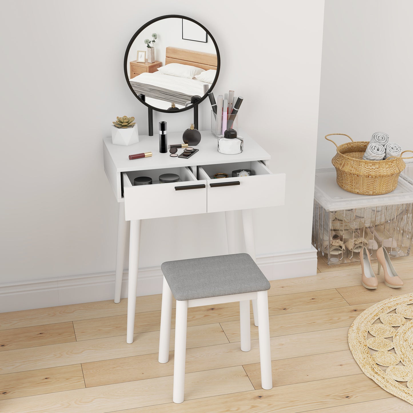 Modern Dressing Table with Round Mirror and Stool, Makeup Vanity Table with 2 Drawers for Bedroom, Living Room