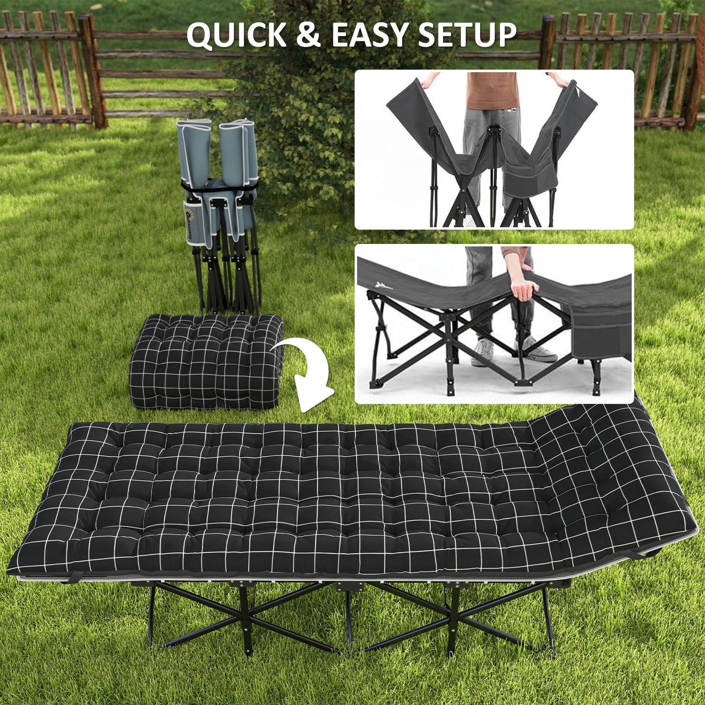 67cm Wide Folding Bed, Camping Cot for Adults with Mattress, Storage Pocket, Carry Bag, Max Load 150kg, Black