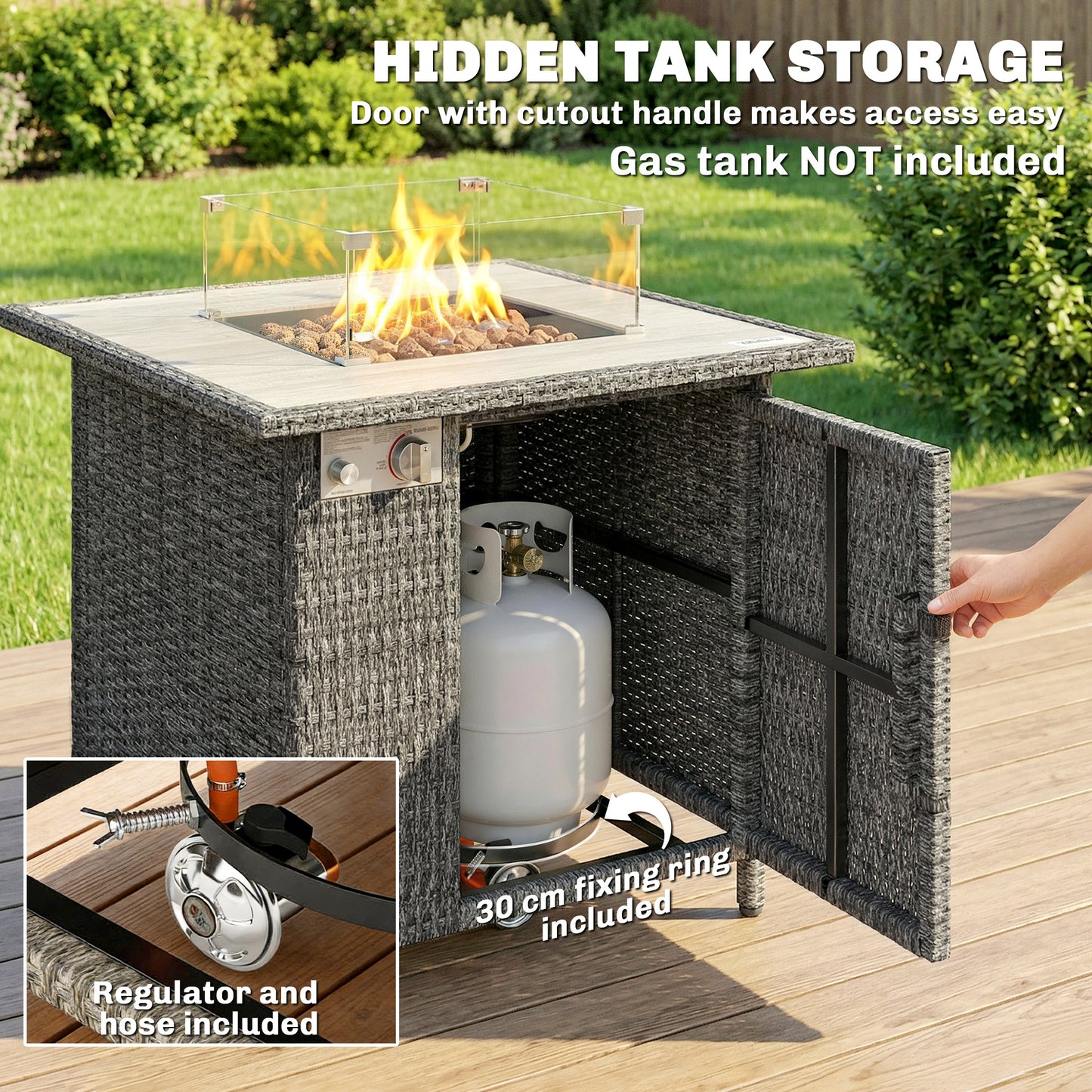 14.5 KW Rattan Gas Fire Pit Dining Table with Rain Cover, Wind Guard, Lid, Lava Rocks, Dark Grey