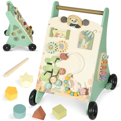 Wooden Baby Walker, Push Along Walker Toys with Speed Control, Xylophone, gears and Bead Maze, Green