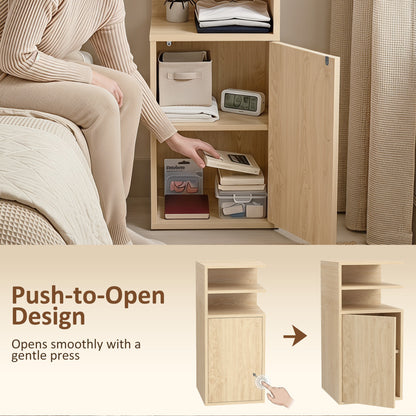 Slim Bedside Table Set of 2, Narrow Bedside Cabinet with Open Cubbies and Cupboard for Bedroom Living Room, Oak