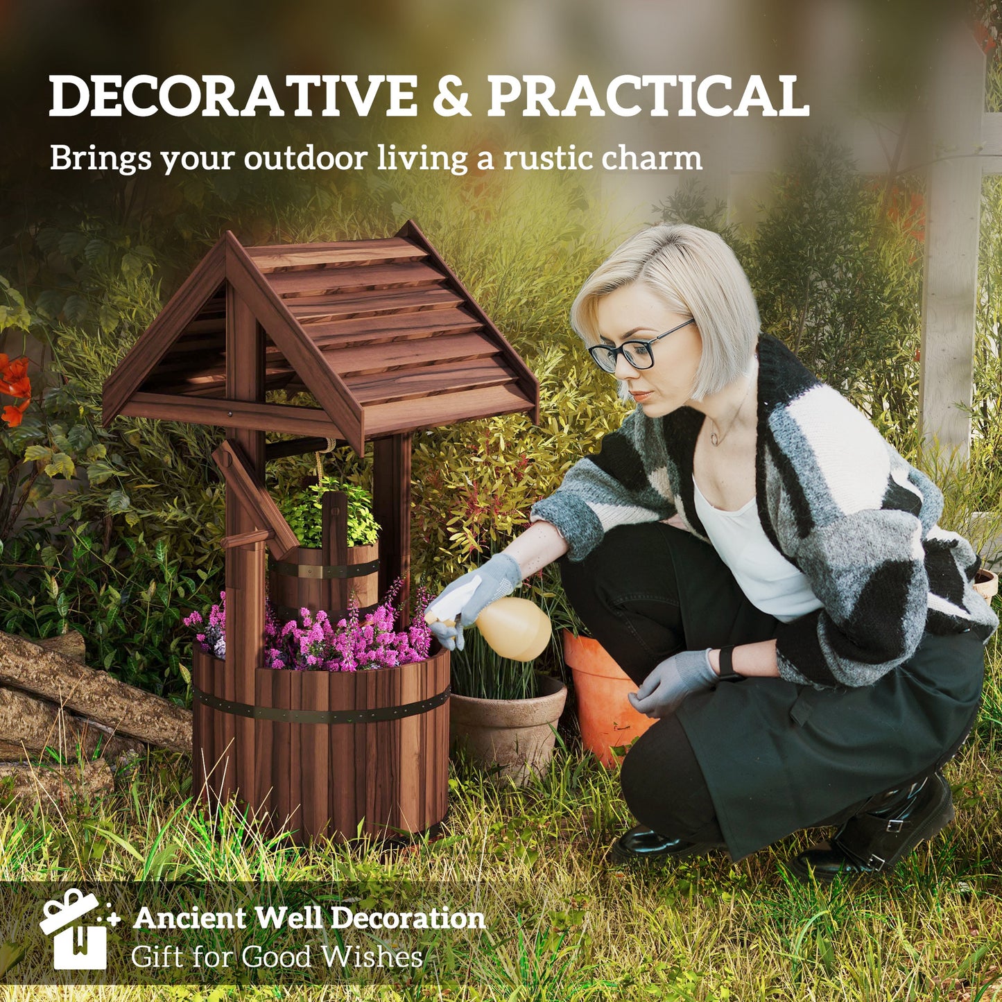 Wood Wishing Well for Outside with Hanging Bucket, Wishing Well Planter with Drain Hole for Garden Patio, Carbonized