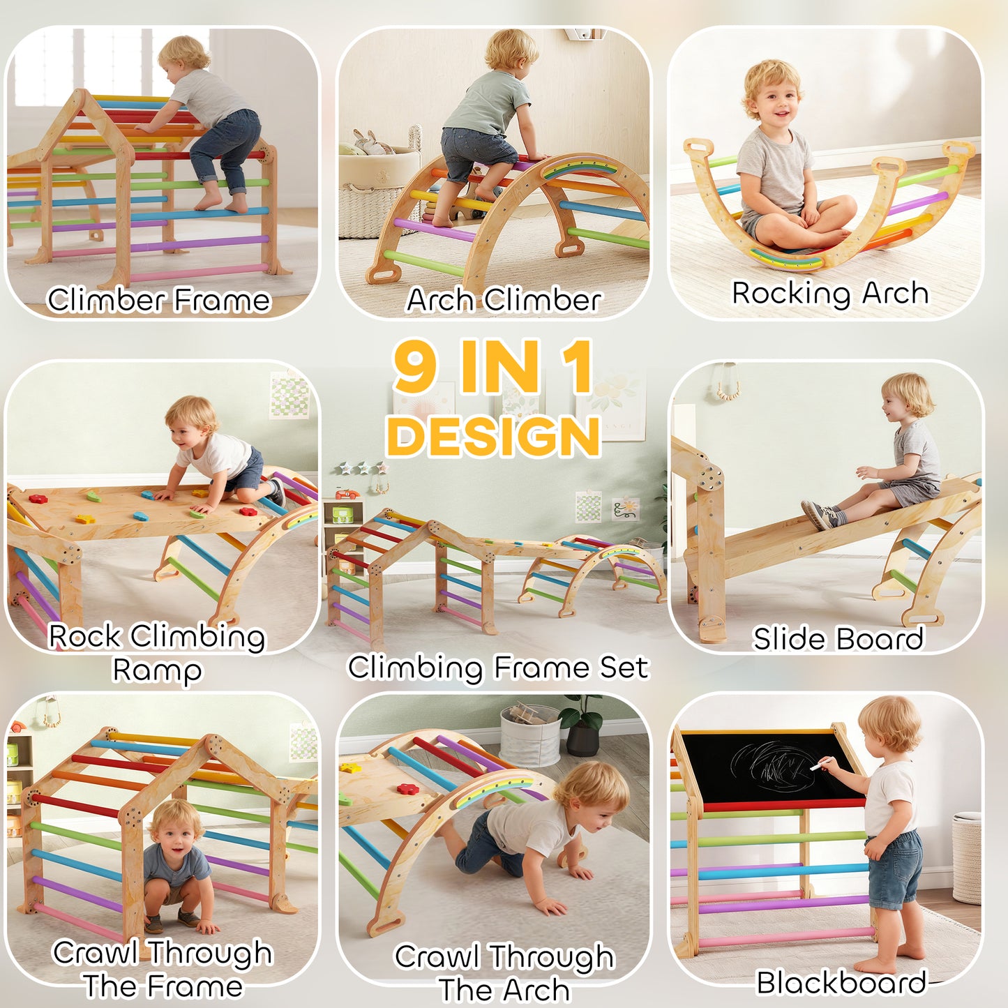 9 in 1 Toddler Climbing Frame with Ramp, Slide, Arch, Ladder, Blackboard for 18-48 Months
