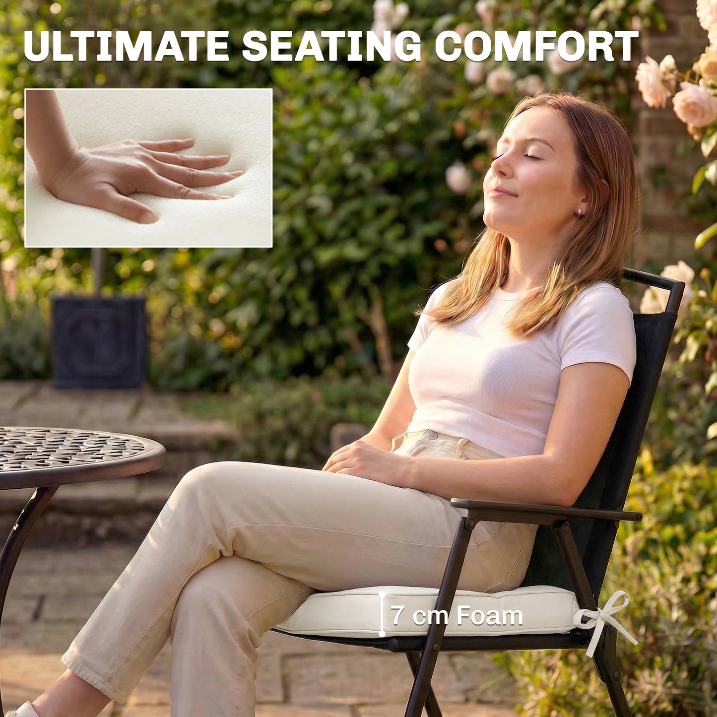 Outdoor Chair Seat Cushions Set of 2, Garden Chair Cushions with 7cm Thick Foam & Ties, Cream White