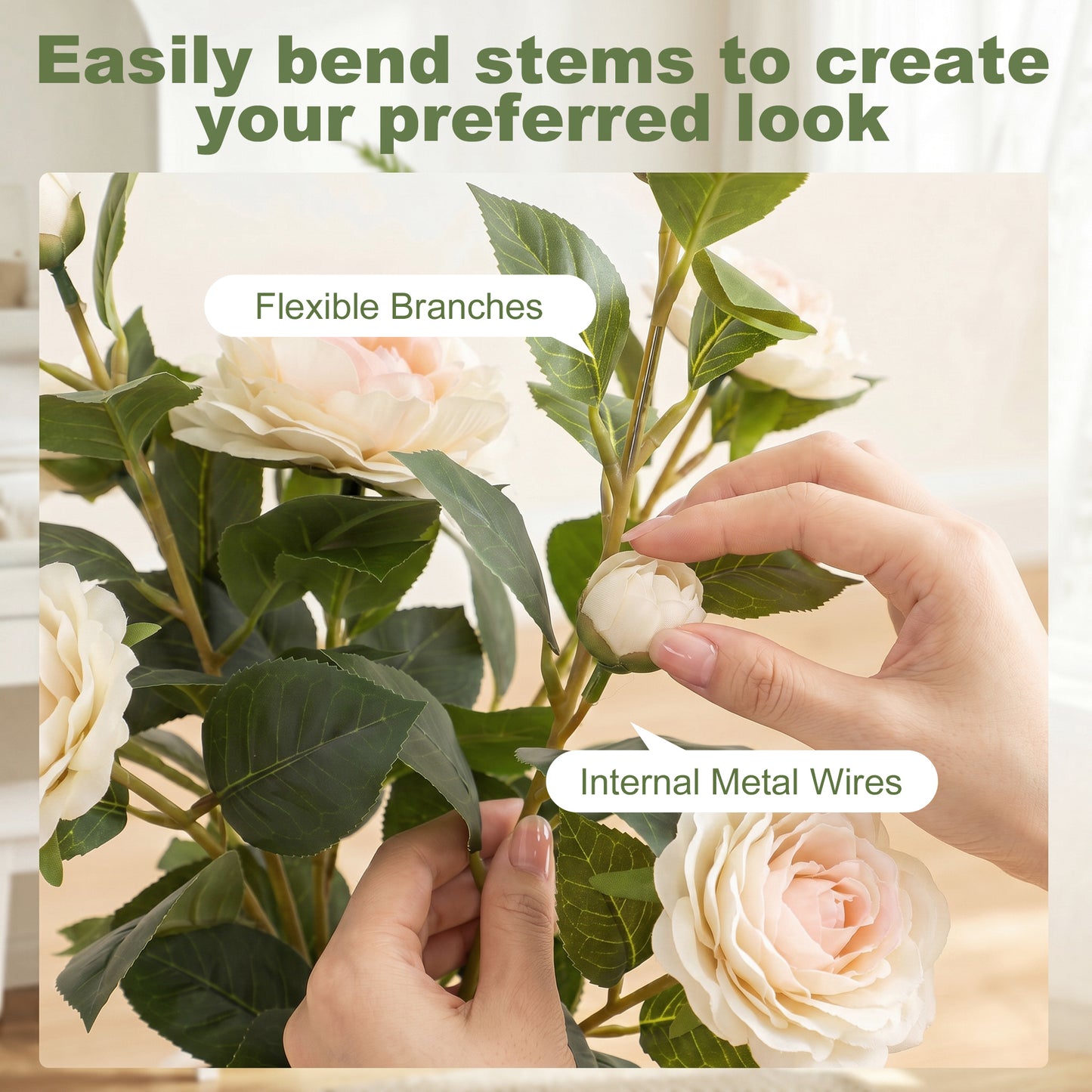 65cm Artificial Camellia Flower Plant in Pot with 116 Lush Leaves & Moss Effect, White