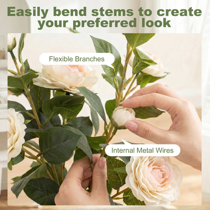 65cm Artificial Camellia Flower Plant in Pot with 116 Lush Leaves & Moss Effect, White