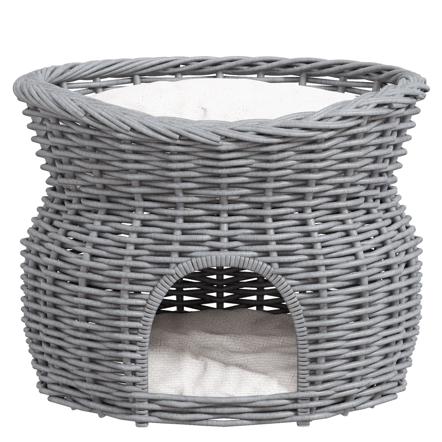 2-Tier Wicker Cat House Elevated Pet Bed Basket Willow Kitten Tower Pet Den. with Washable Cushions 56x37x40cm Grey
