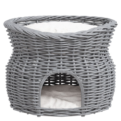 2-Tier Wicker Cat House Elevated Pet Bed Basket Willow Kitten Tower Pet Den. with Washable Cushions 56x37x40cm Grey