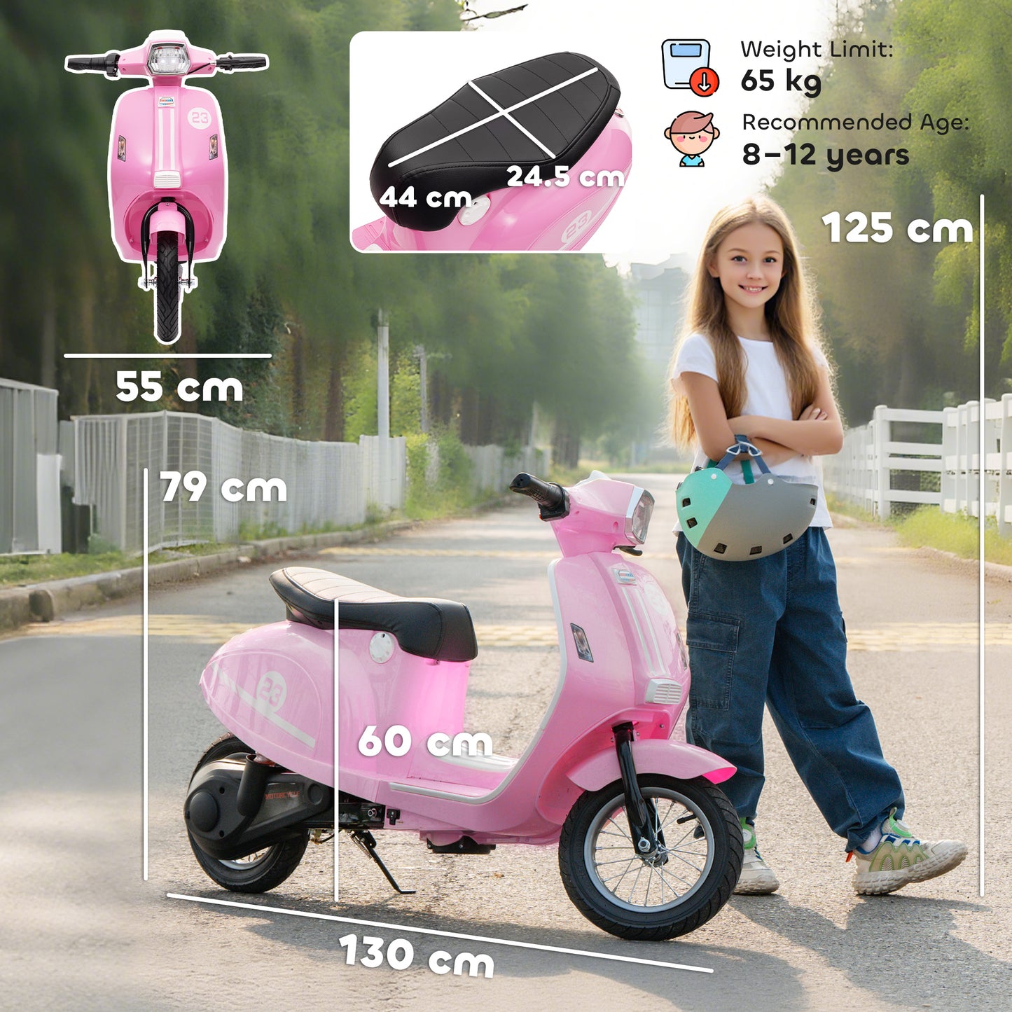 24V Kids Electric Motorbike, Ride on Motorcycle with Manual Throttle, Brakes and LED Lights for Ages 8-12 Years, Pink