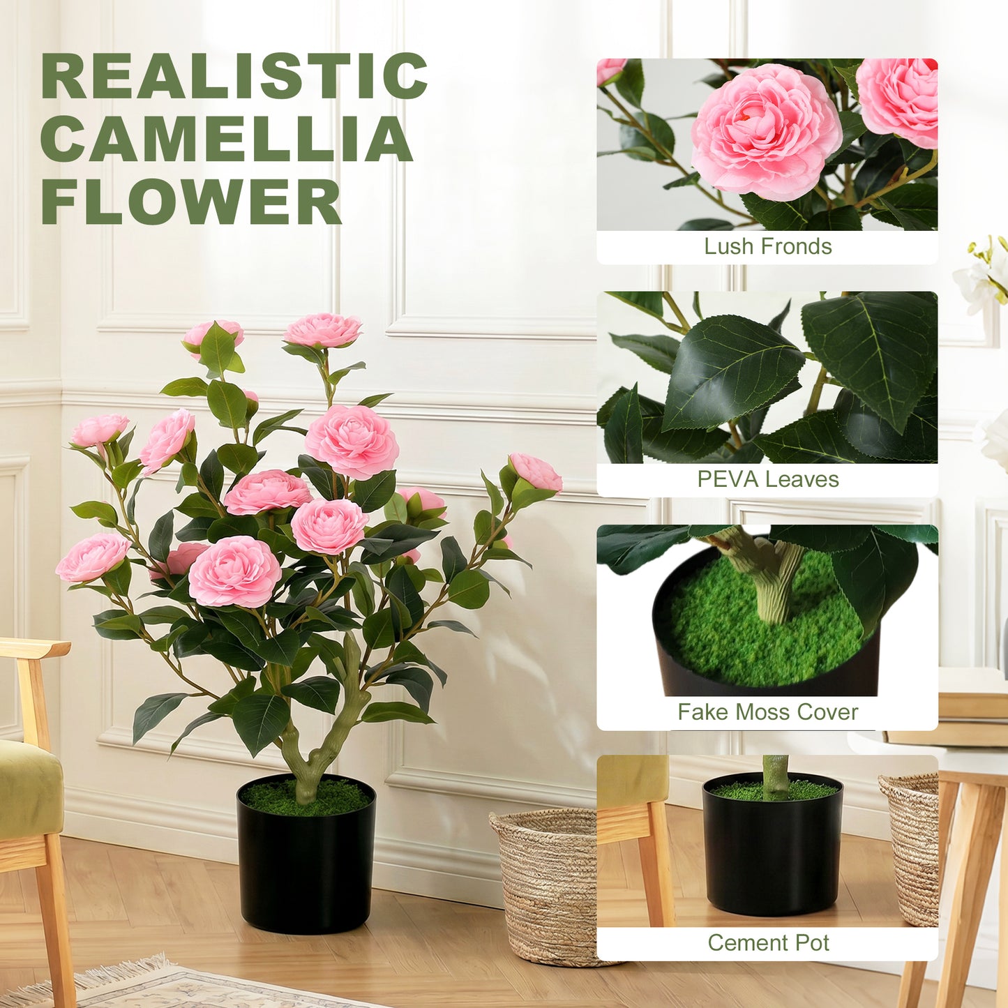 65cm Artificial Camellia Flower Plant in Pot with 116 Lush Leaves & Moss Effect, Pink