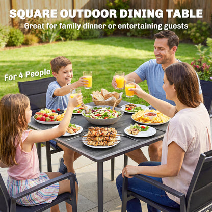 Garden Dining Table for 4, 85 cm Square Outdoor Table with Umbrella Hole, Faux Wood Top, Metal Legs, Dark Grey