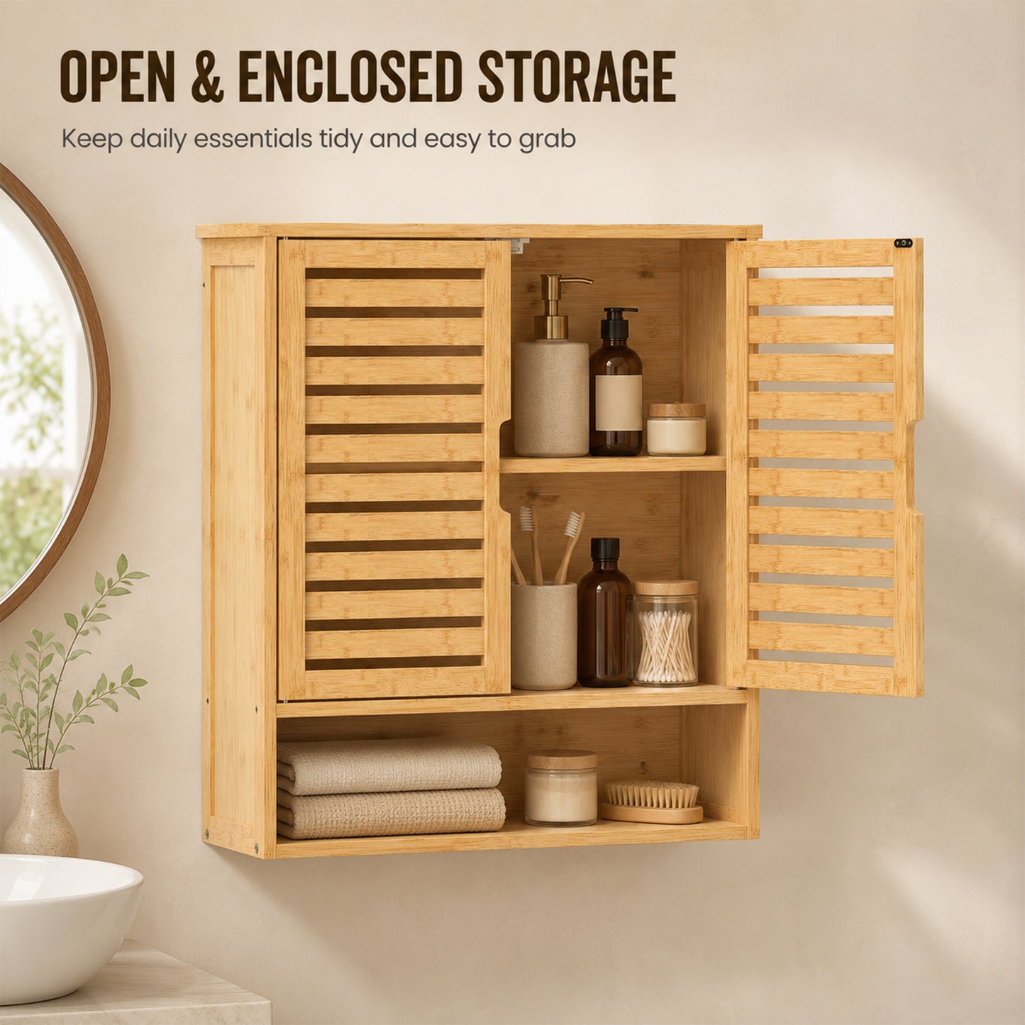 Bathroom Wall Cabinet, Wall Mounted Bathroom Cabinet with 2 Louvered Doors, Open Shelf and Adjustable Shelf Storage