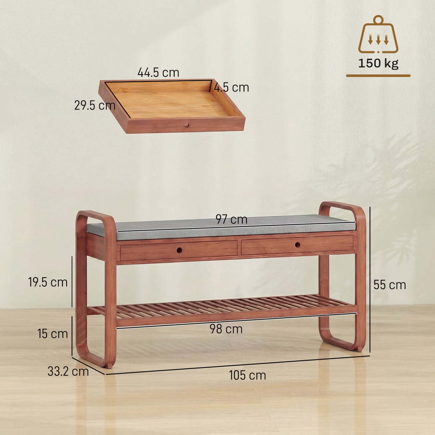 Shoe Bench with 2 Drawers Cushioned Seat Shoe Storage Bench for Hallway 105 cm Dark Brown and Grey