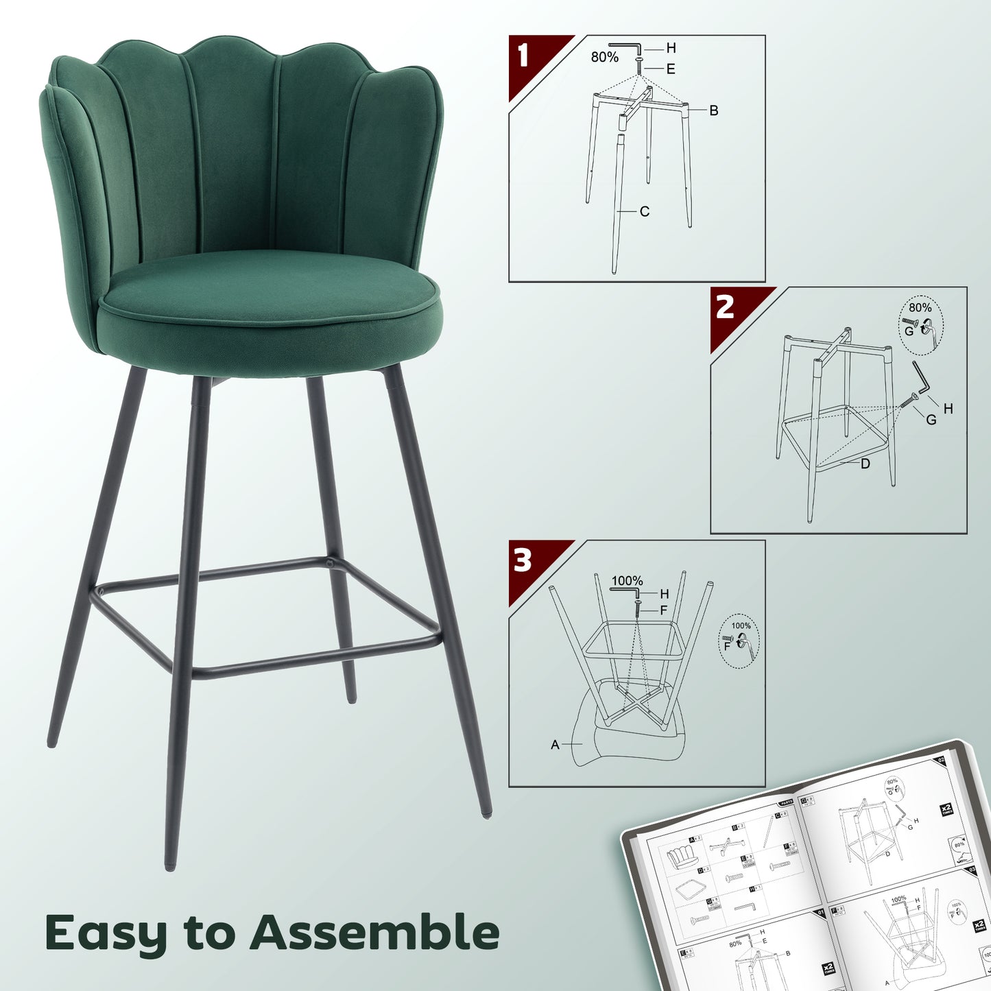 Set of Two Velvet-Feel Lotus Bar Stools - Dark Green