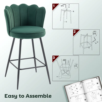 Set of Two Velvet-Feel Lotus Bar Stools - Dark Green