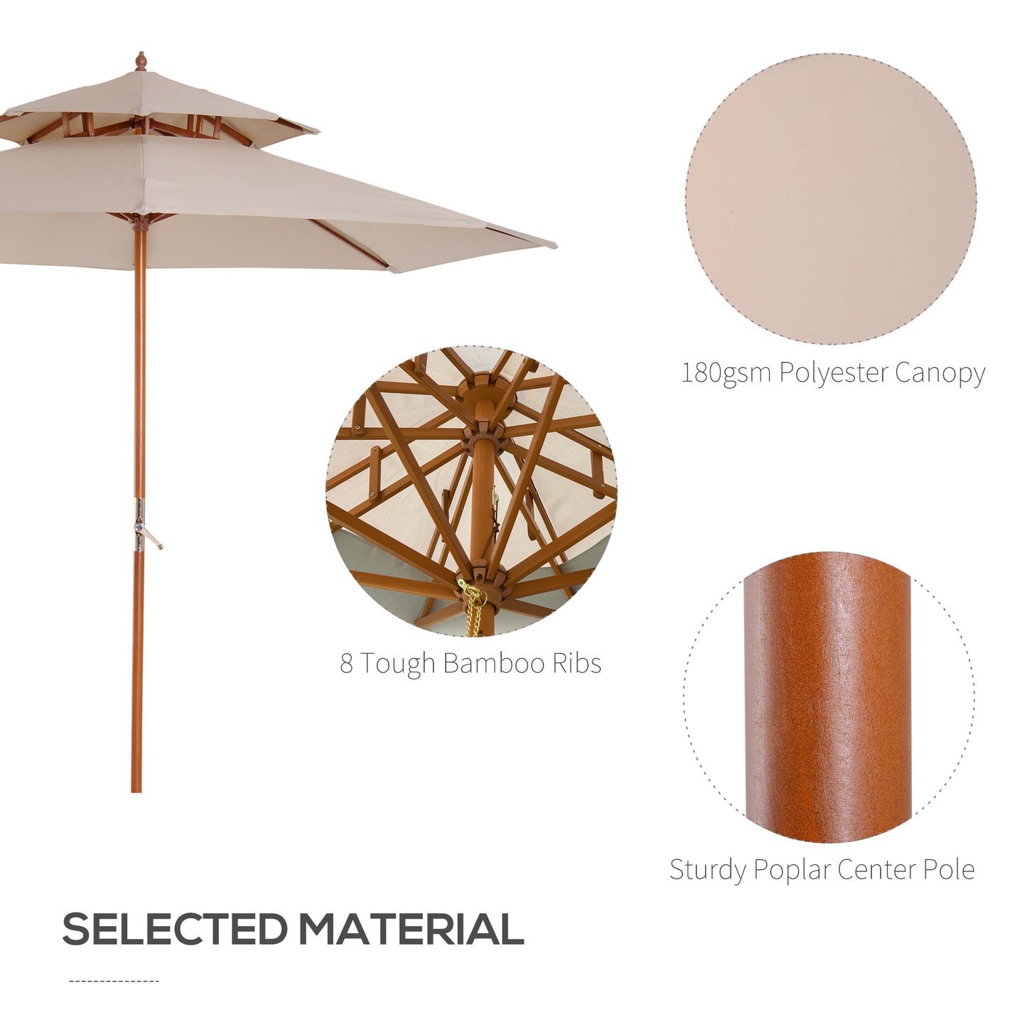 2.7m Wooden Parasol Elegant Two-Tier Design Garden Parasol Umbralle for Outdoor Shade, Beige