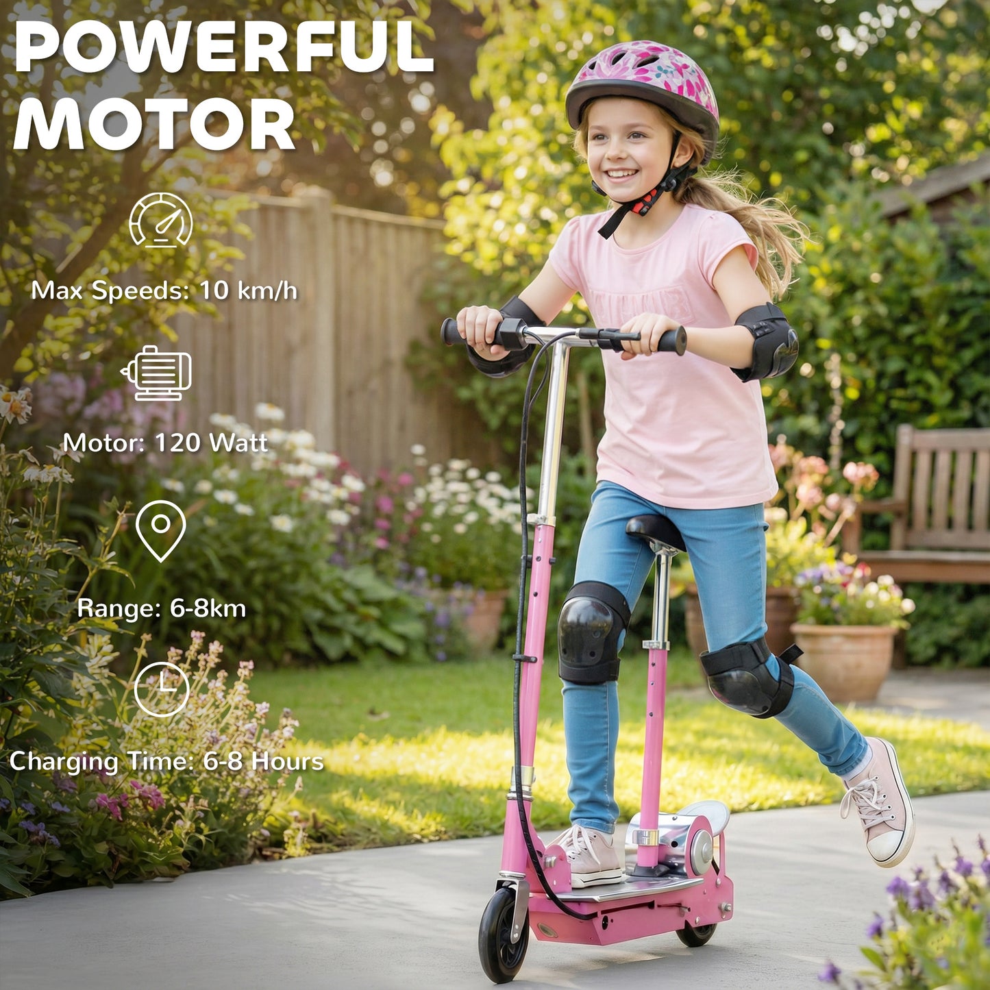 Foldable Powered Scooter with Adjustable Handle, Brake, Pink