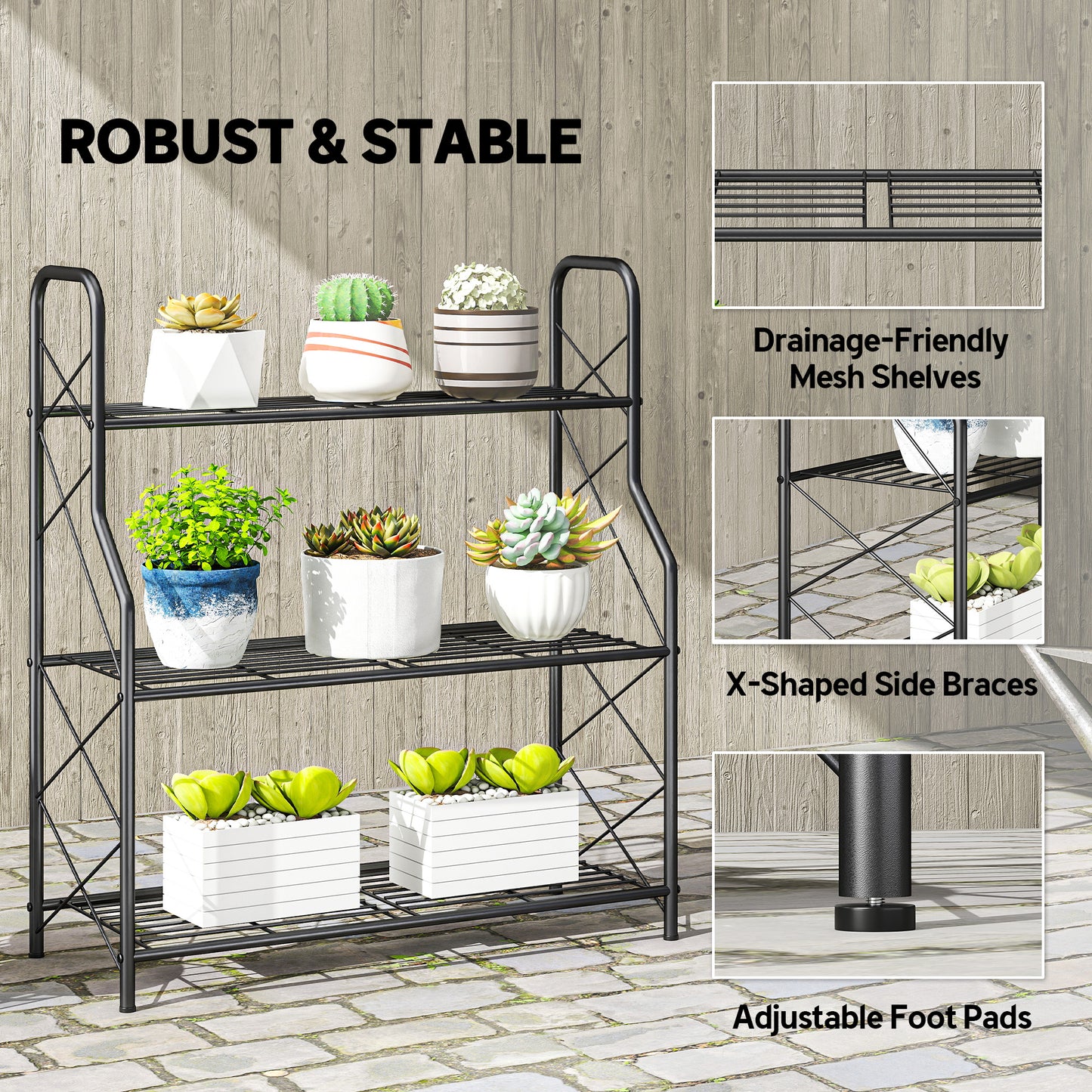 3-Tier Metal Plant Stand, Heavy Duty Ladder Shelf Potted Plants Display Rack, Indoor Outdoor Flower Pot Holder