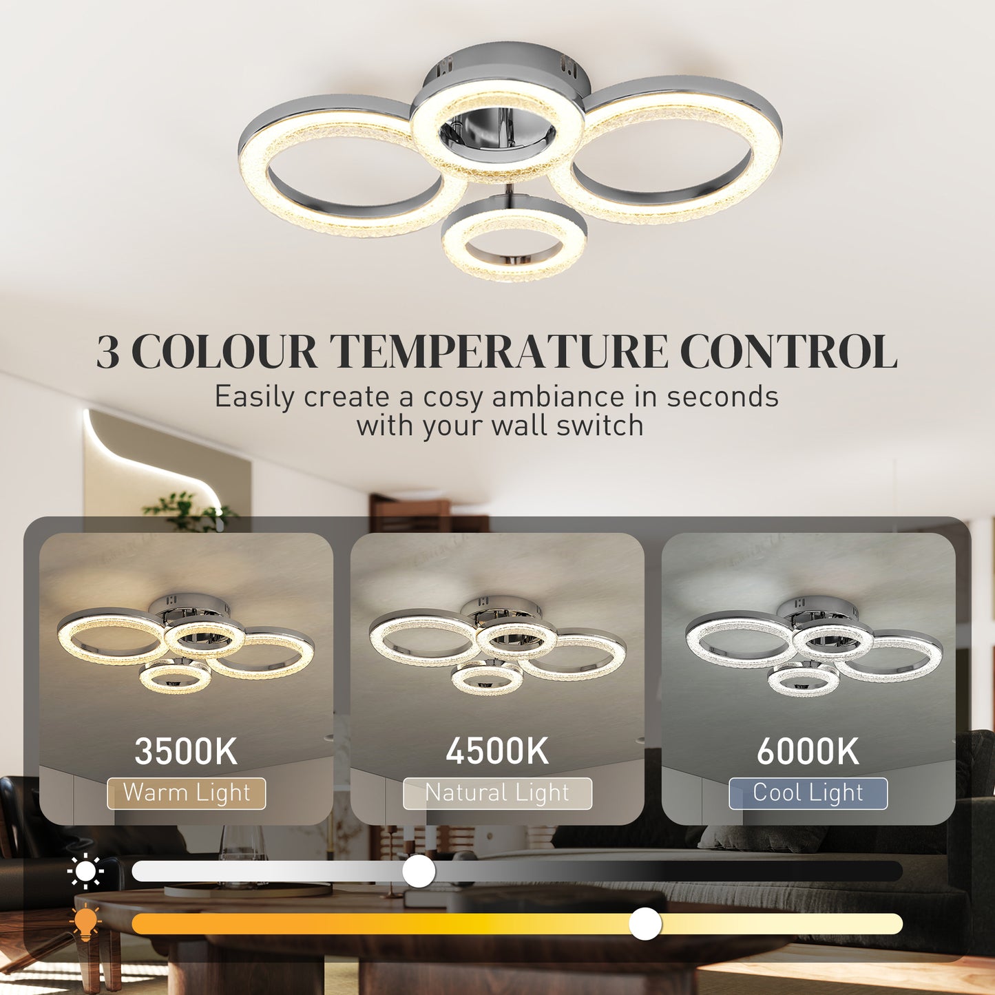 4-Ring LED Ceiling Light, Flush Mount Ceiling Light with 3 Colour Temperatures, Silver Tone