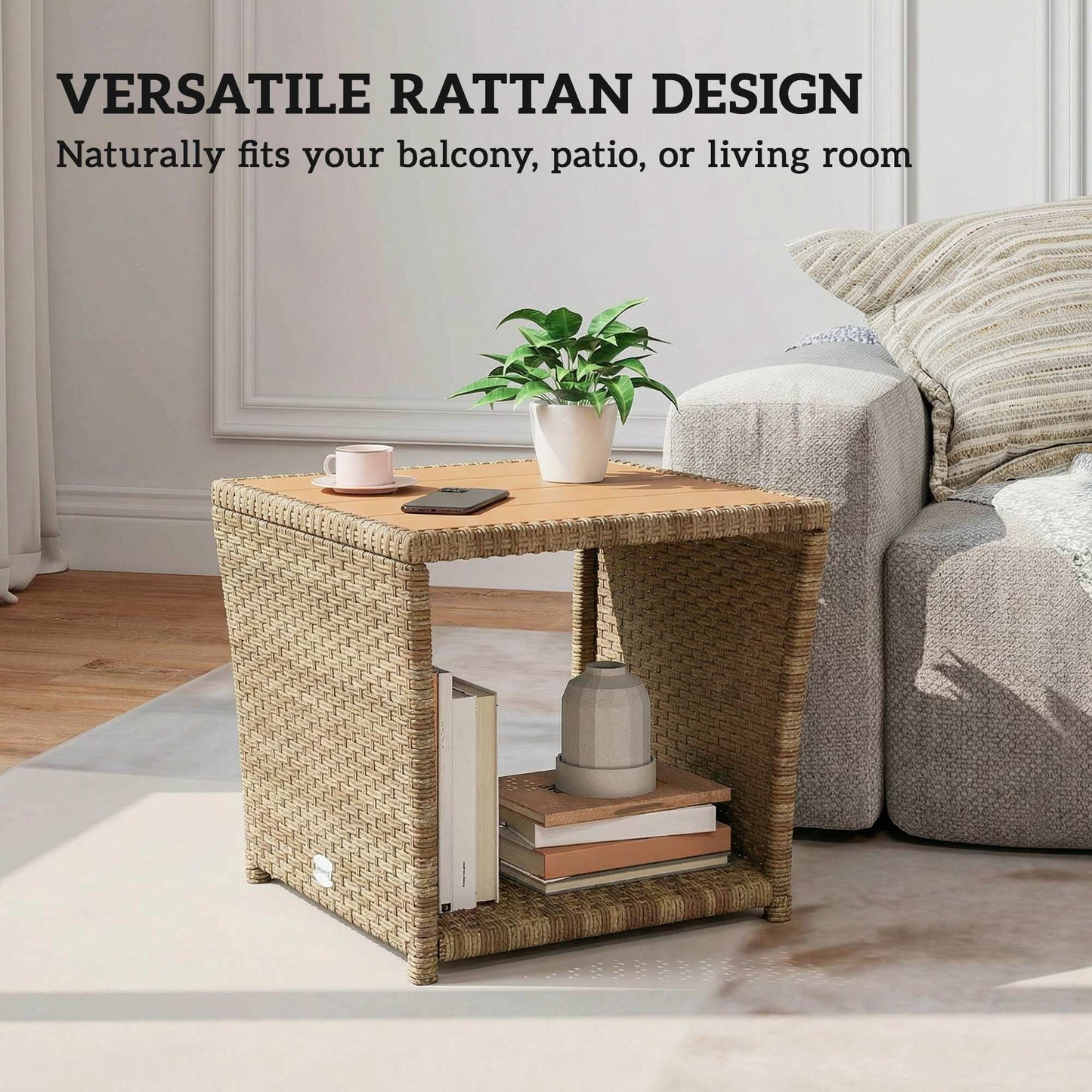 Side Table 2-Tier Outdoor Coffee Table with Storage Shelf PS Wood Slat Top/Khaki