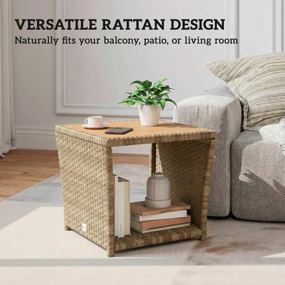 Side Table 2-Tier Outdoor Coffee Table with Storage Shelf PS Wood Slat Top/Khaki