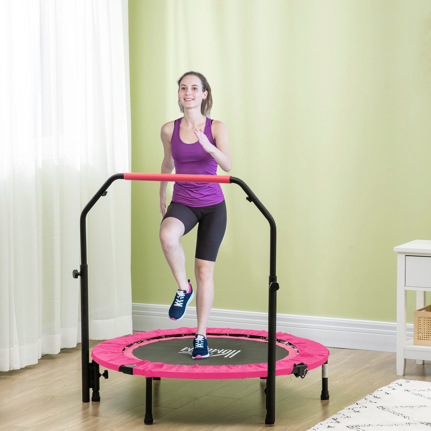 40" Foldable Mini Fitness Trampoline, with Adjustable Foam Handle, Pink
