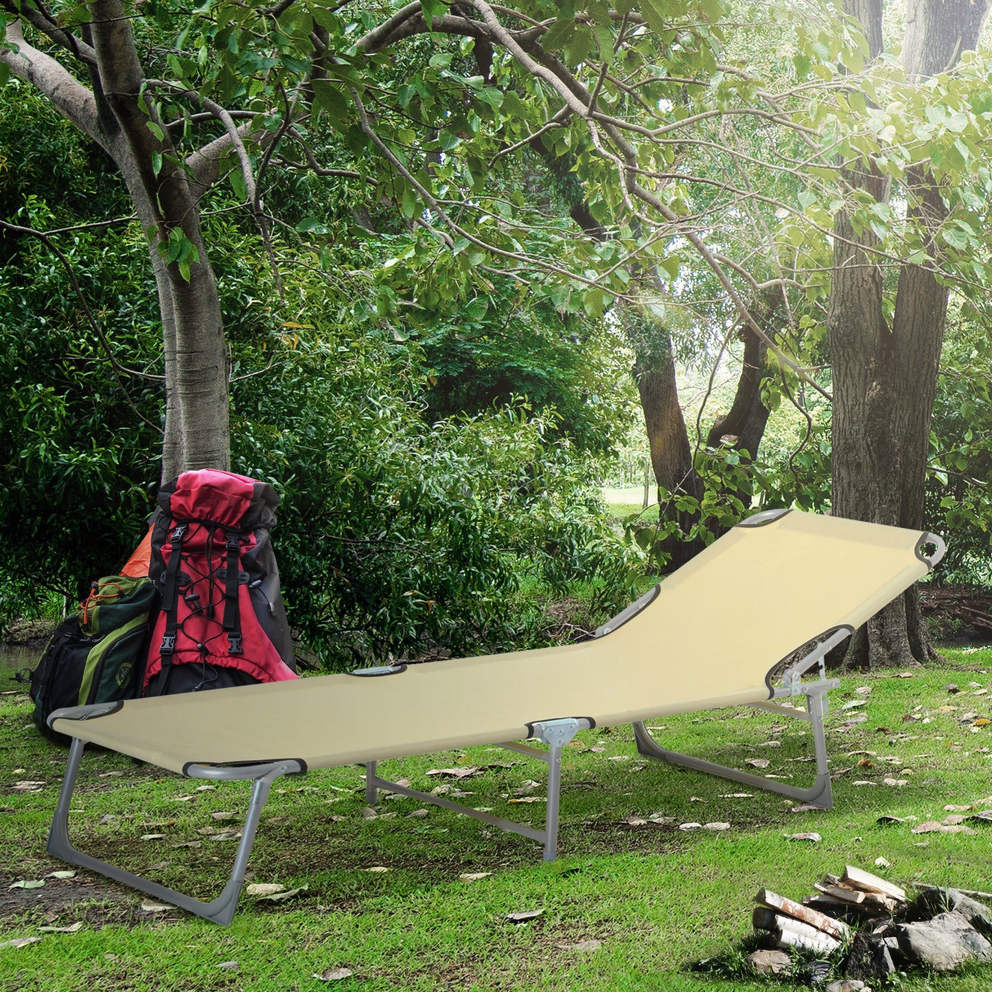 Reclining Sun Lounger Chair Folding Camping Bed with 4-Position Adjustable Backrest