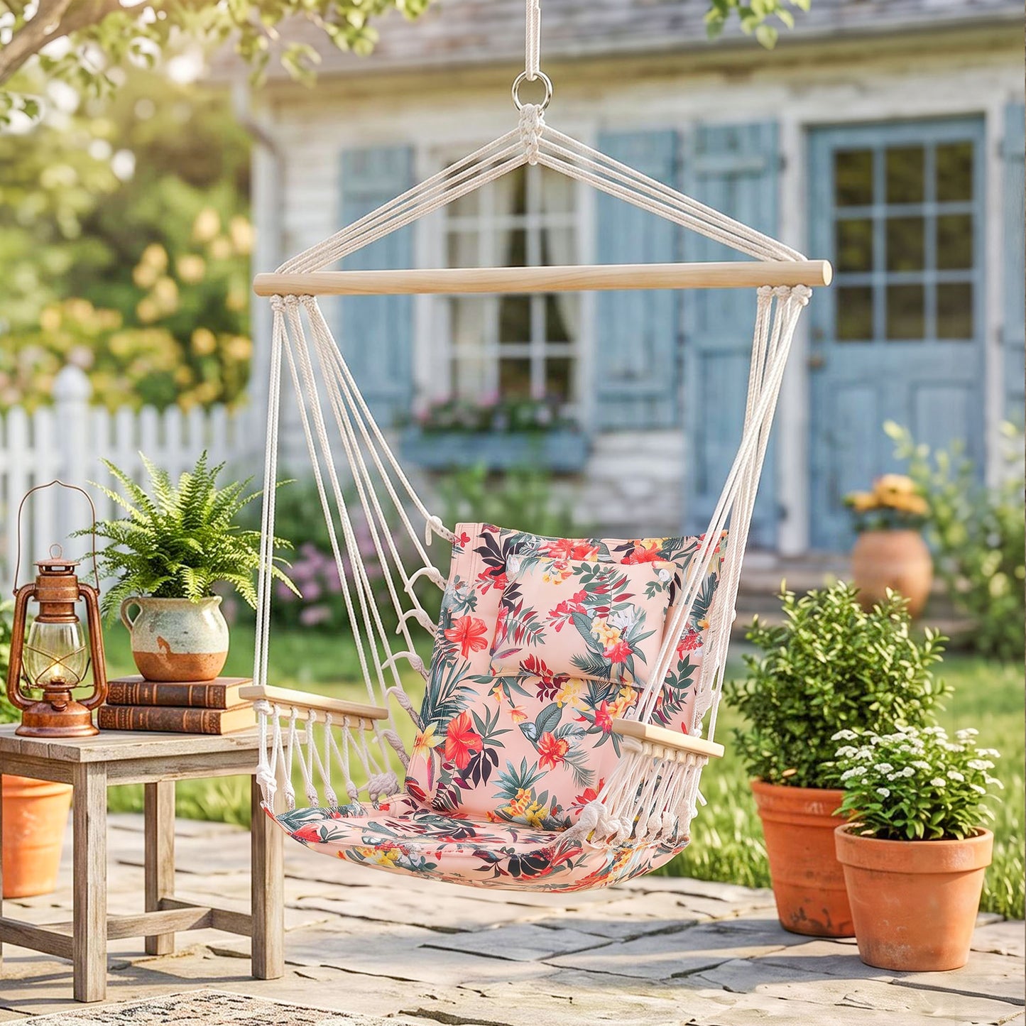 Garden Outdoor Hanging Hammock Chair Thick Rope Frame Wooden Arms Safe Garden Outdoor Spot Stylish Multicoloured floral