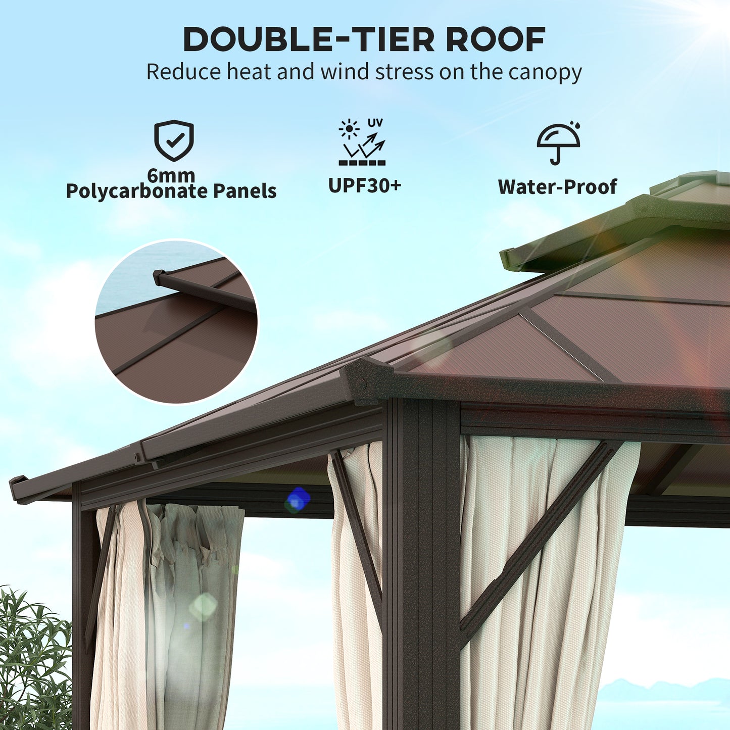 3 x 4m Hardtop Gazebo Canopy with UPF30+ Double Polycarbonate Roof, Aluminium Frame Garden Gazebo Permanent Pavilion