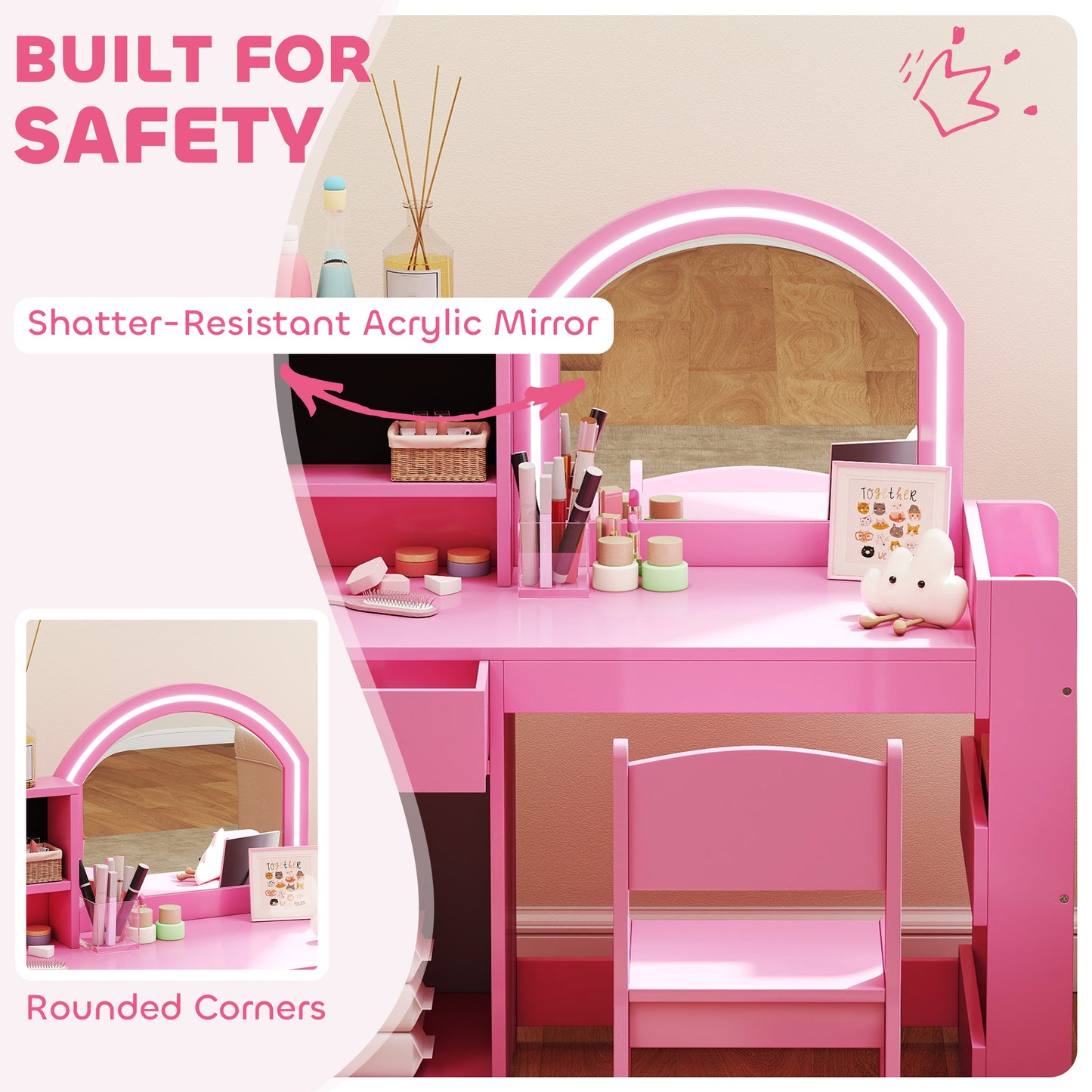 Kids Vanity Table and Chair Set, Girls Dressing Table with 2-Colour LED Mirror, Stool, Cabinet, Drawer, Shelves, Pink