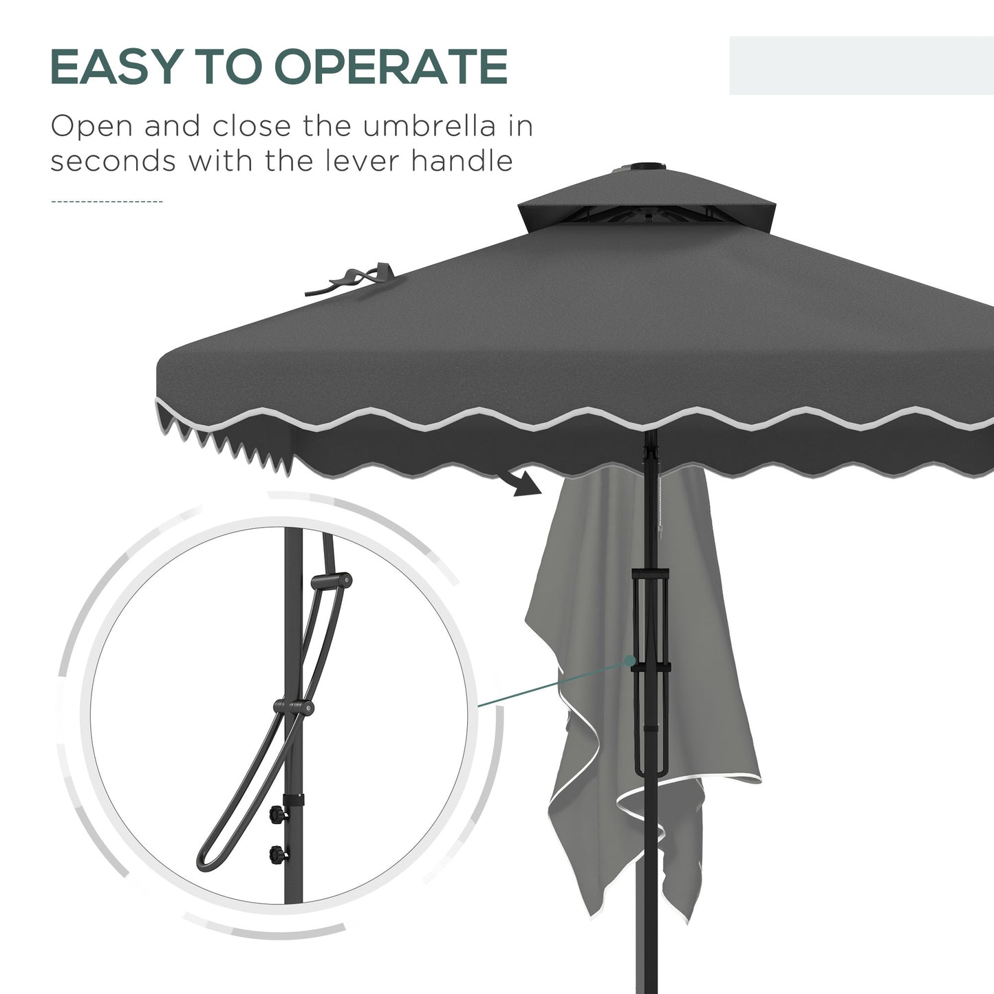 2.5m Square Double Top Garden Parasol Cantilever Umbrella with Ruffles, Dark Grey
