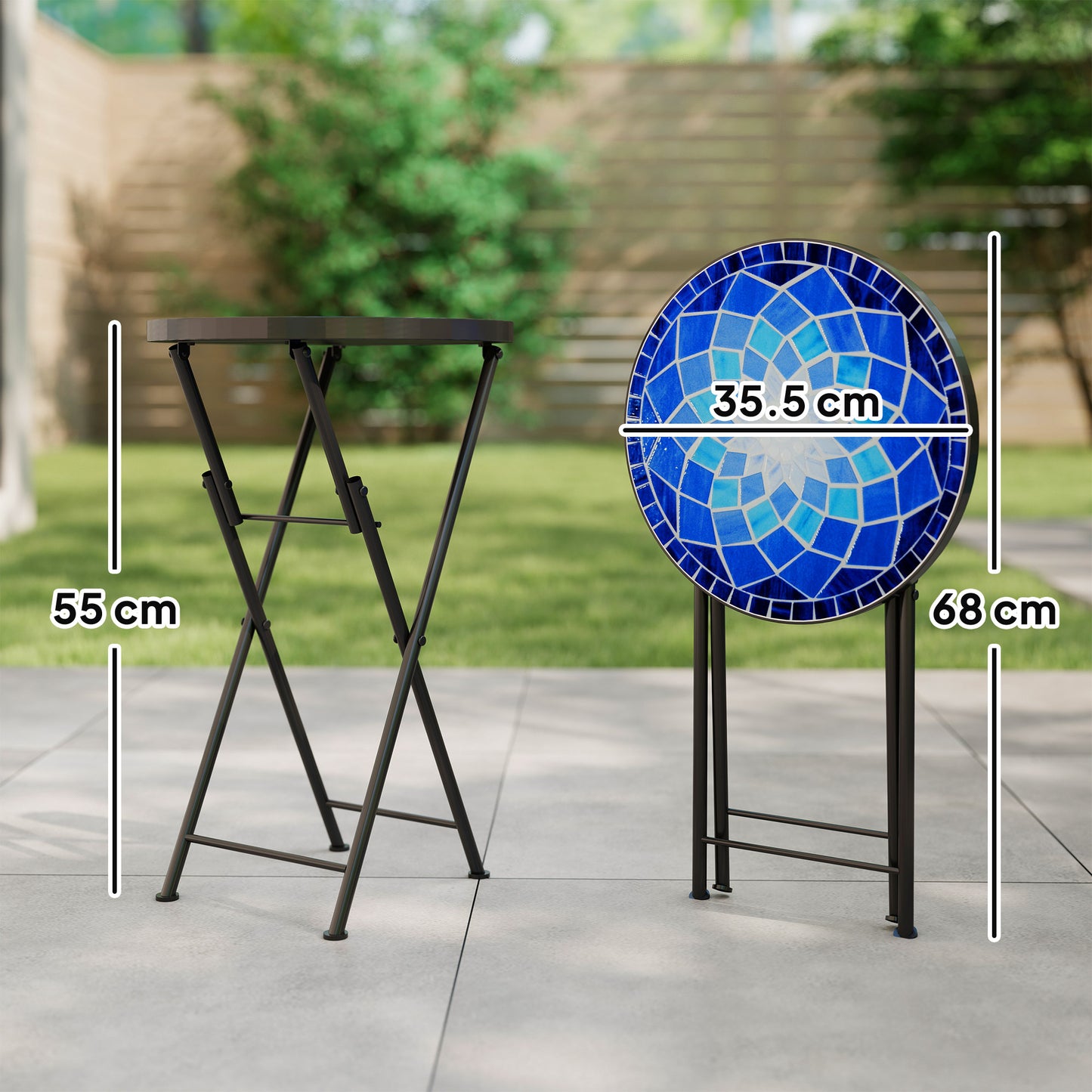 Mosaic Outdoor Garden Table, 35.5cm Round Folding Coffee Table with Metal Frame for Balcony Terrace, Navy Blue