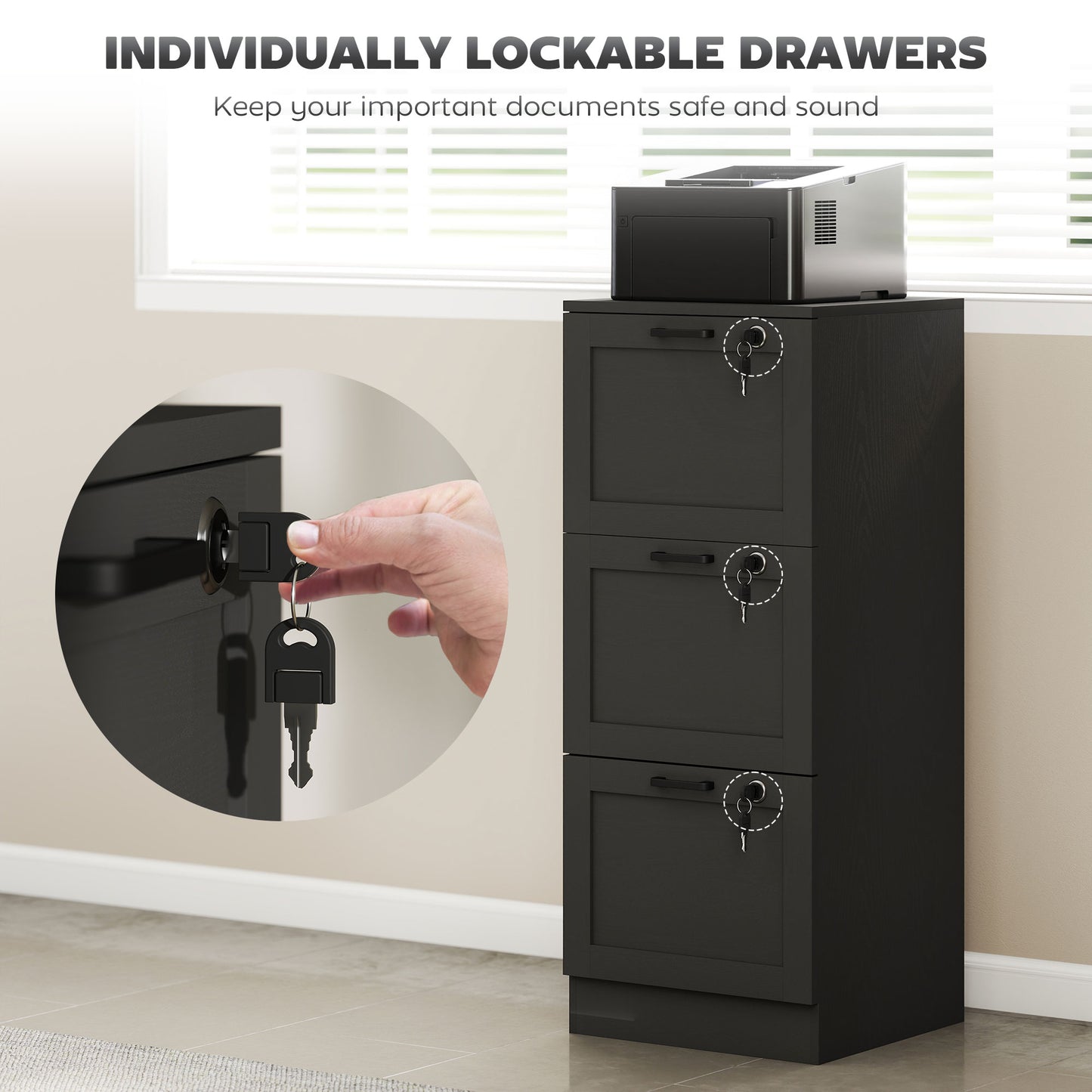 3-Drawer Filing Cabinet with Lock - Black