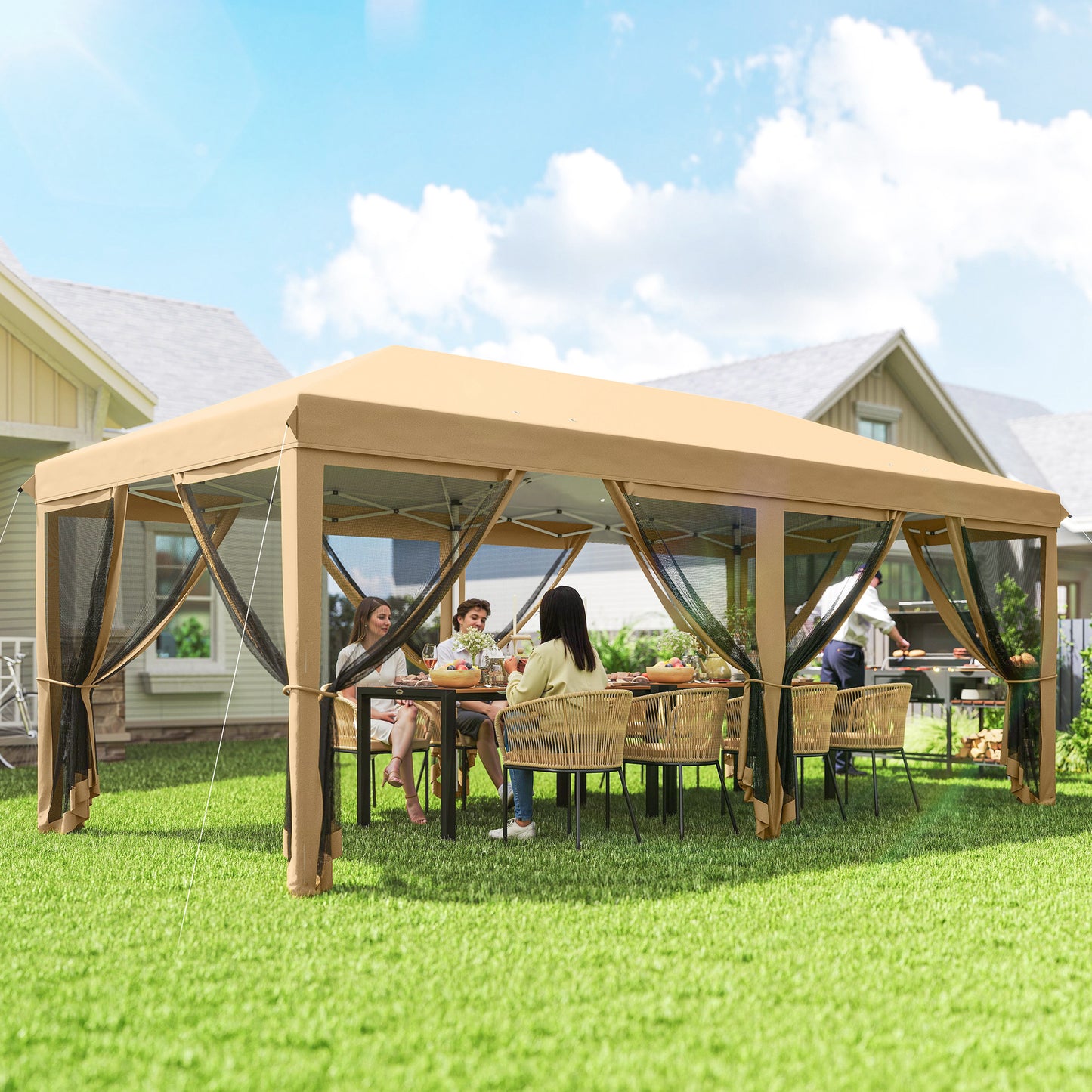 3 x 6m Pop Up Gazebo, Outdoor Canopy Shelter, Marquee Party Wedding Tent with 6 Mesh Walls and Carry Bag, Beige